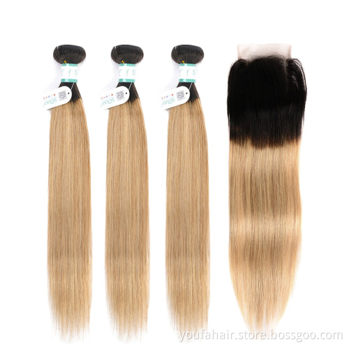 Virgin Brazilian Human Straight Hair Ombre Two Tone Pre Plucked 4x4 1b 27 Transparent Swiss Lace Closure with Baby Hair Bundles